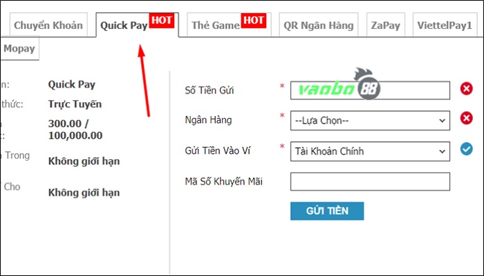 Nạp tiền W88 Quick Pay